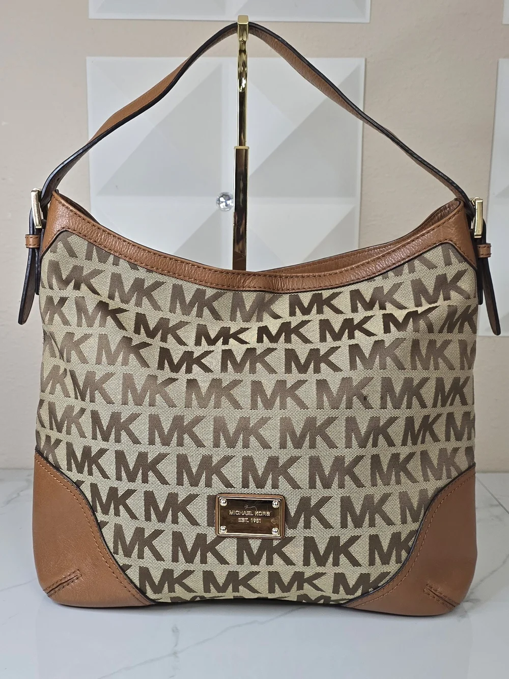 Michael Kors Large Logo Jacquard Hobo Shoulder Bag Tan Brown MK Monogram